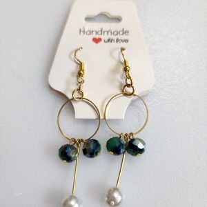 Handmade Gold and Green Beaded Earrings